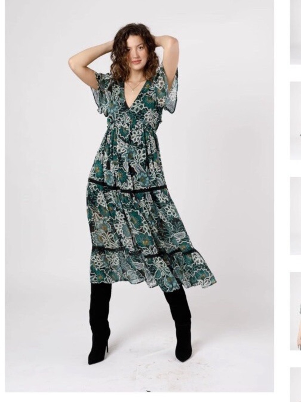 V-Neck Green Floral Tiered Maxi Dress